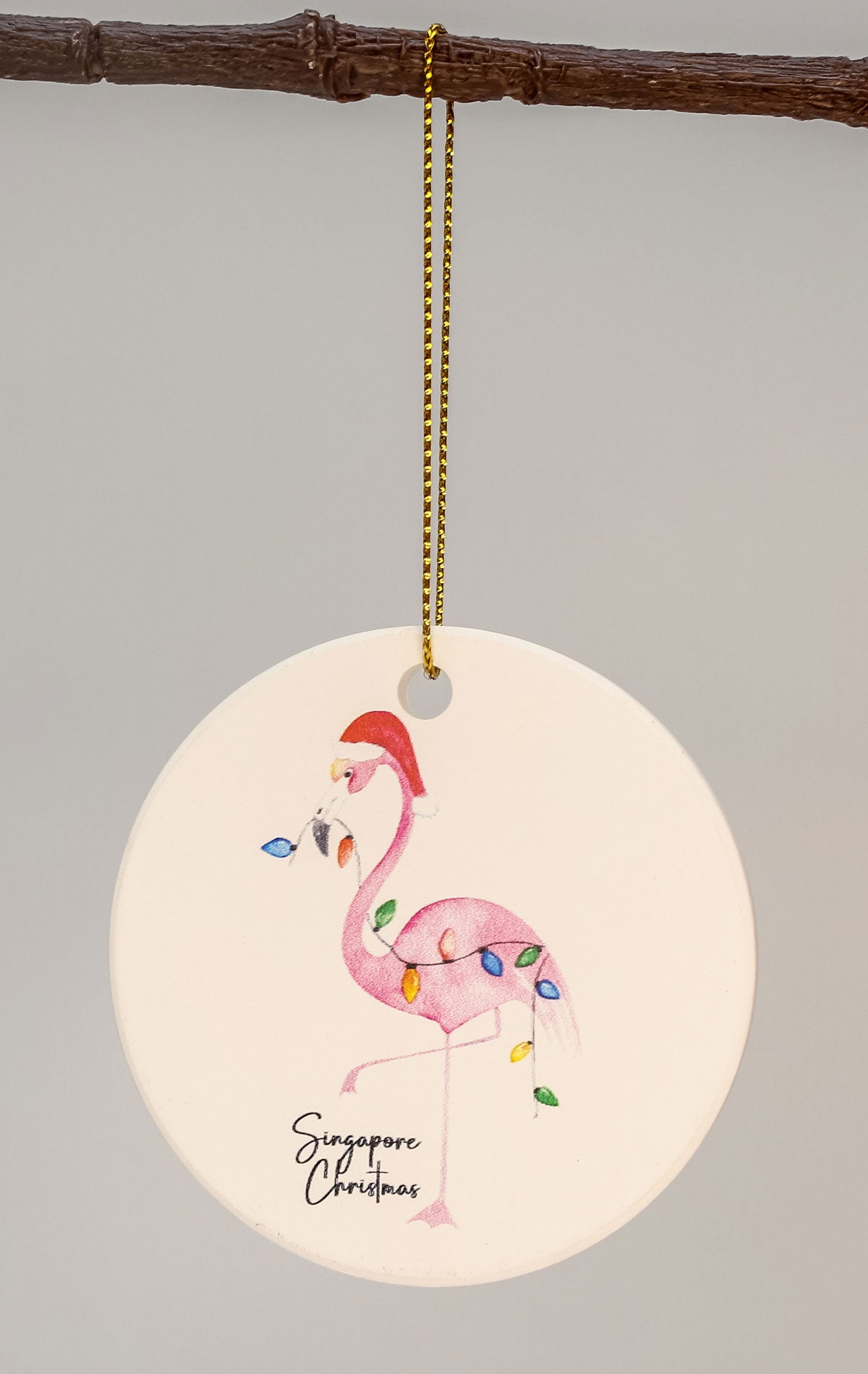 Flamingo with Lights Ceramic Matte Christmas Ornament
